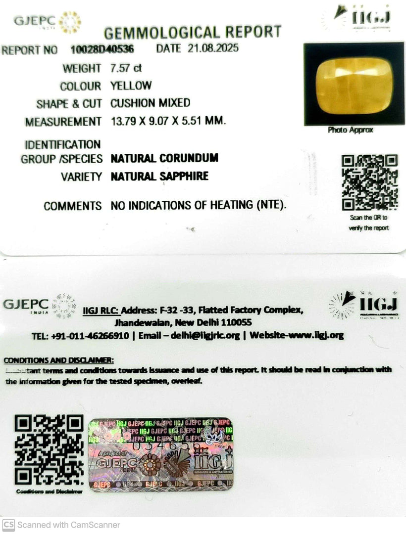 7.57/CT Natural Yellow Sapphire With Govt Lab Certificate (4551)