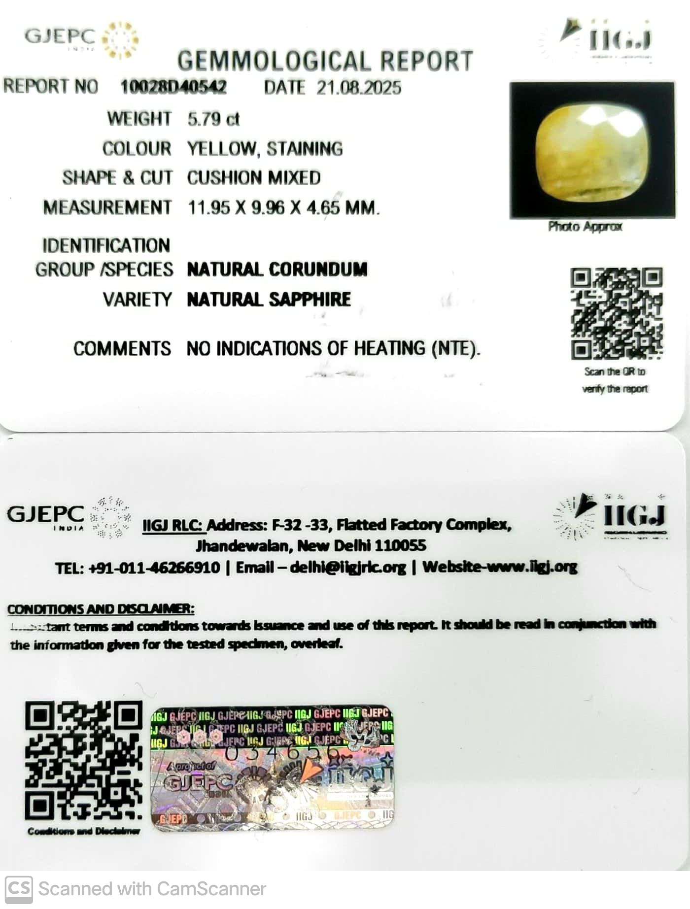 5.79/CT Natural Yellow Sapphire With Govt Lab Certificate (1221)
