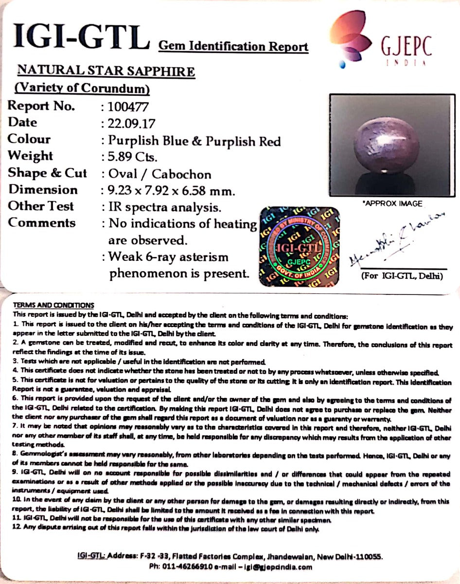 6.53 Ratti Star Sapphire with Govt. Lab Certificate-(5661)