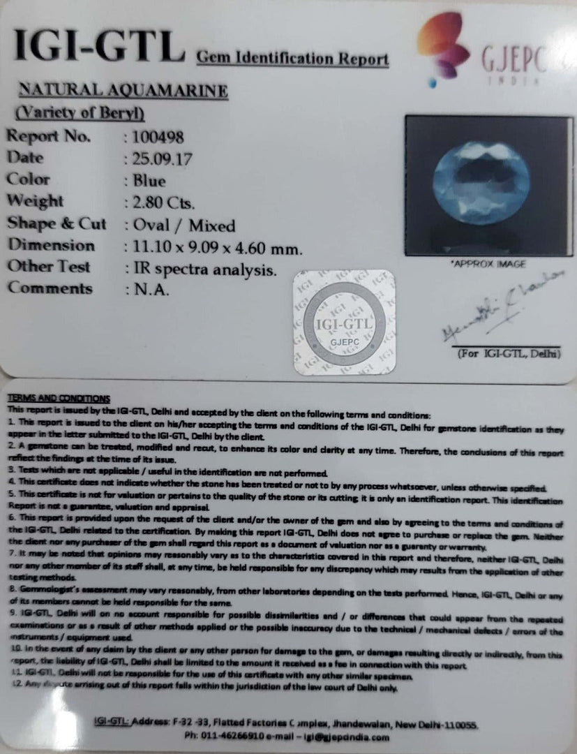 2.80/CT Natural Aquamarine with Govt Lab Certificate-5661