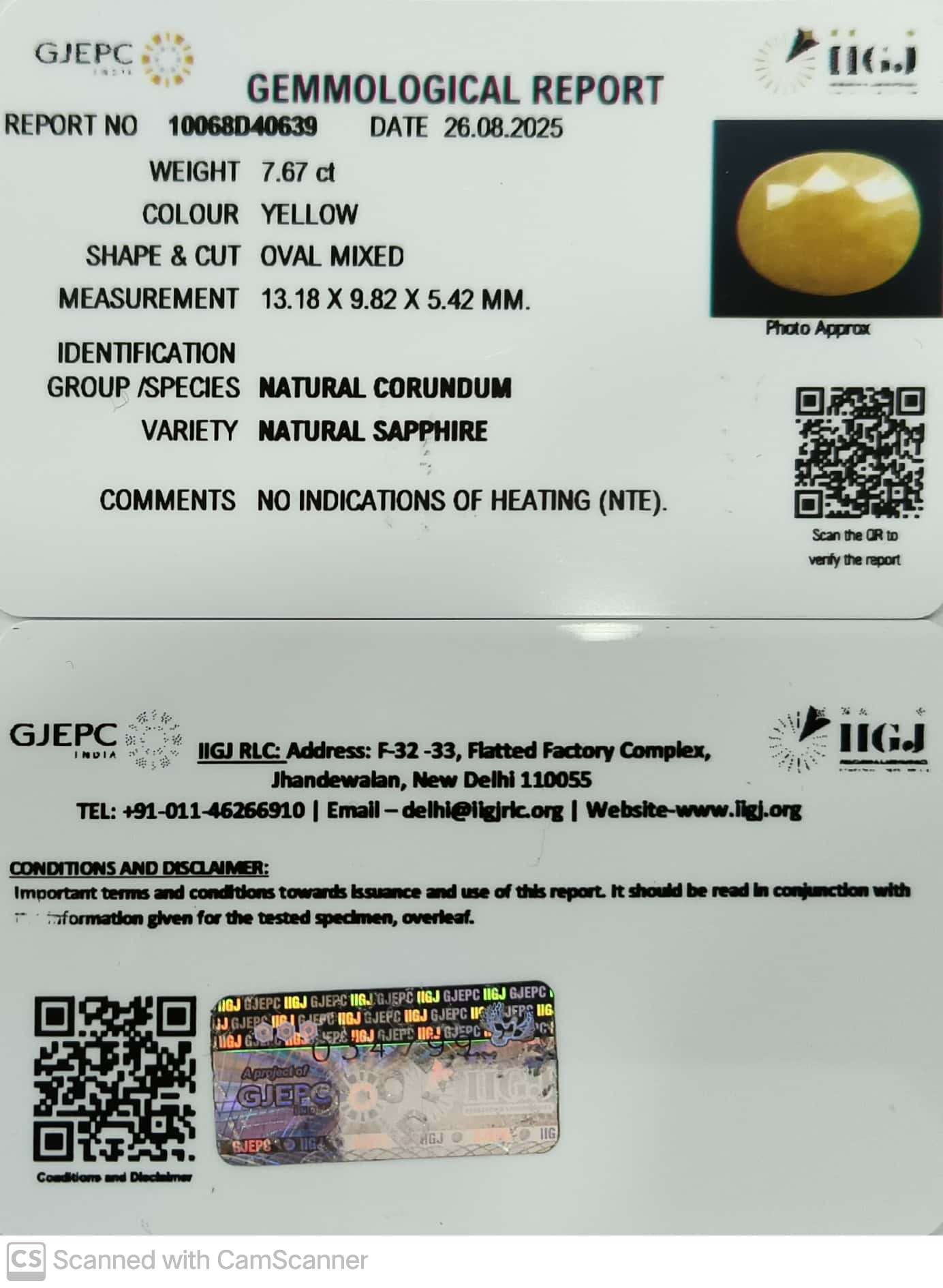 7.67/CT Natural Yellow Sapphire With Govt Lab Certificate (10068D40639)