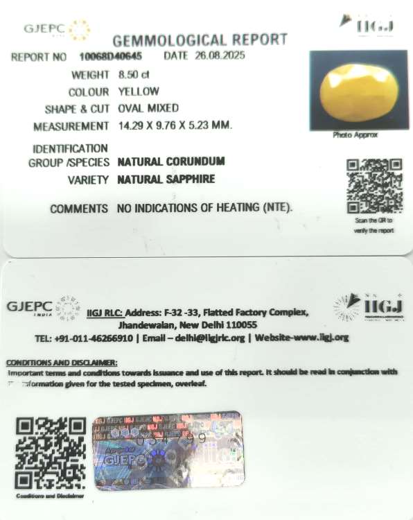 8.50/CT Natural Yellow Sapphire With Govt Lab Certificate (2331)