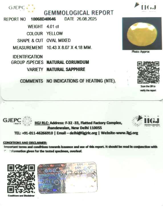 4.01/CT Natural Yellow Sapphire With Govt Lab Certificate (4551)