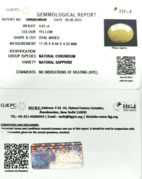 5.12/RAtti Natural Yellow Sapphire With Govt Lab Certificate
