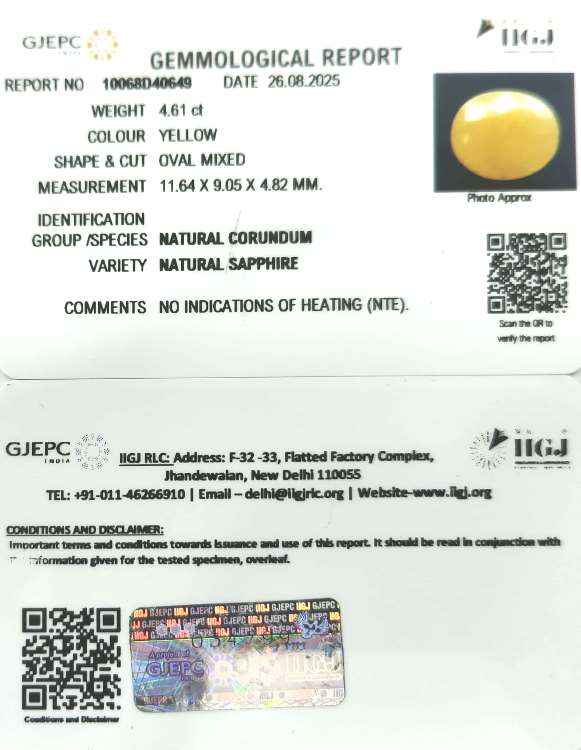 4.61/CT Natural Yellow Sapphire With Govt Lab Certificate (2331)