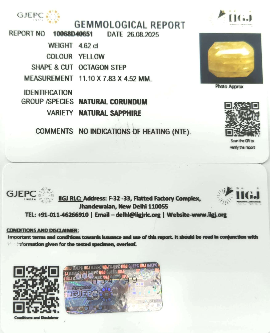 4.62/CT Natural Yellow Sapphire With Govt Lab Certificate (1221)