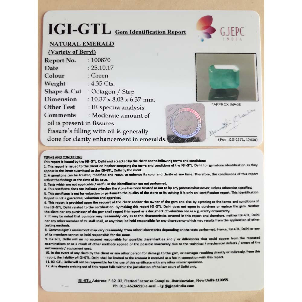 4.35/CT Natural Panna Stone with Govt. Lab Certificate (100870)