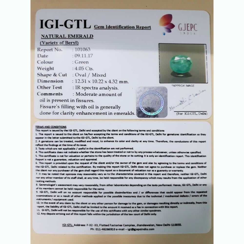 4.05/CT Natural Panna Stone with Govt. Lab Certificate (101063)