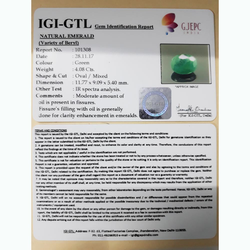 4.08/CT Natural Panna Stone with Govt. Lab Certificate (101308)