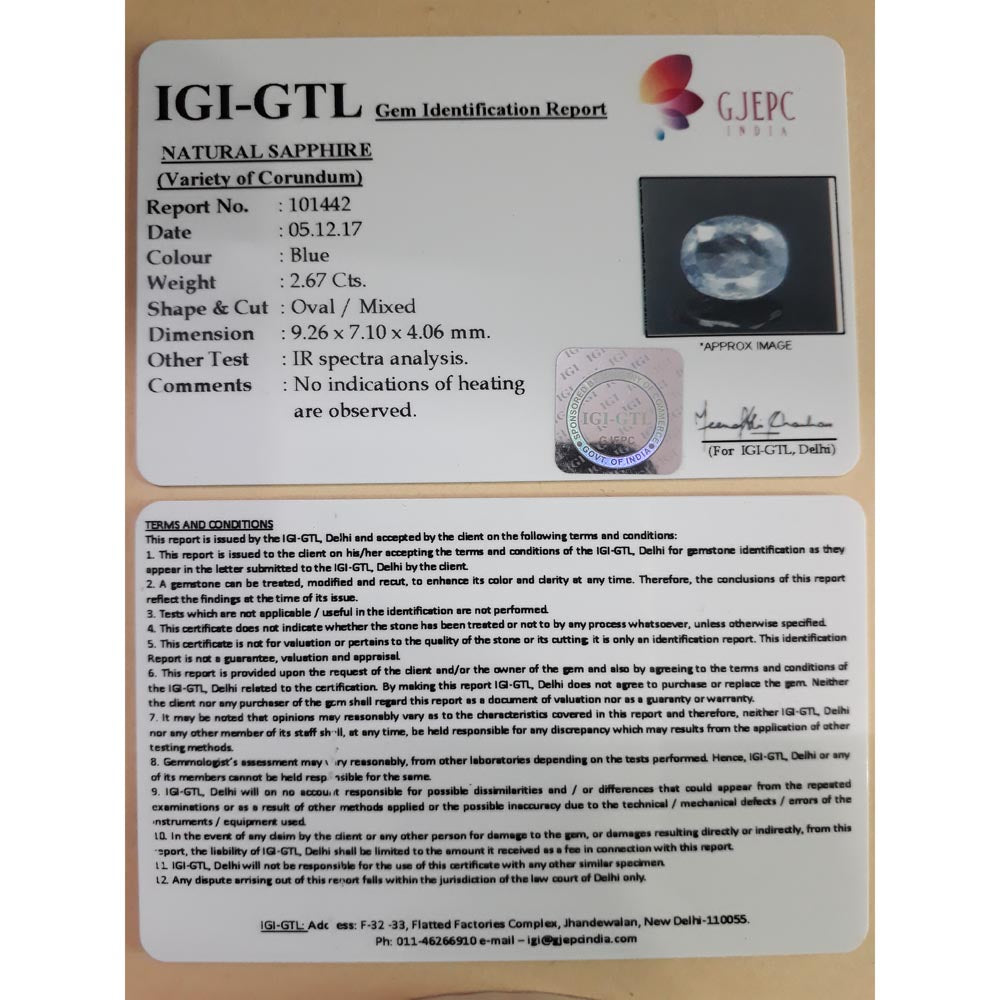 2.67/CT Natural Blue Sapphire with Govt Lab Certificate-BLUSA9T