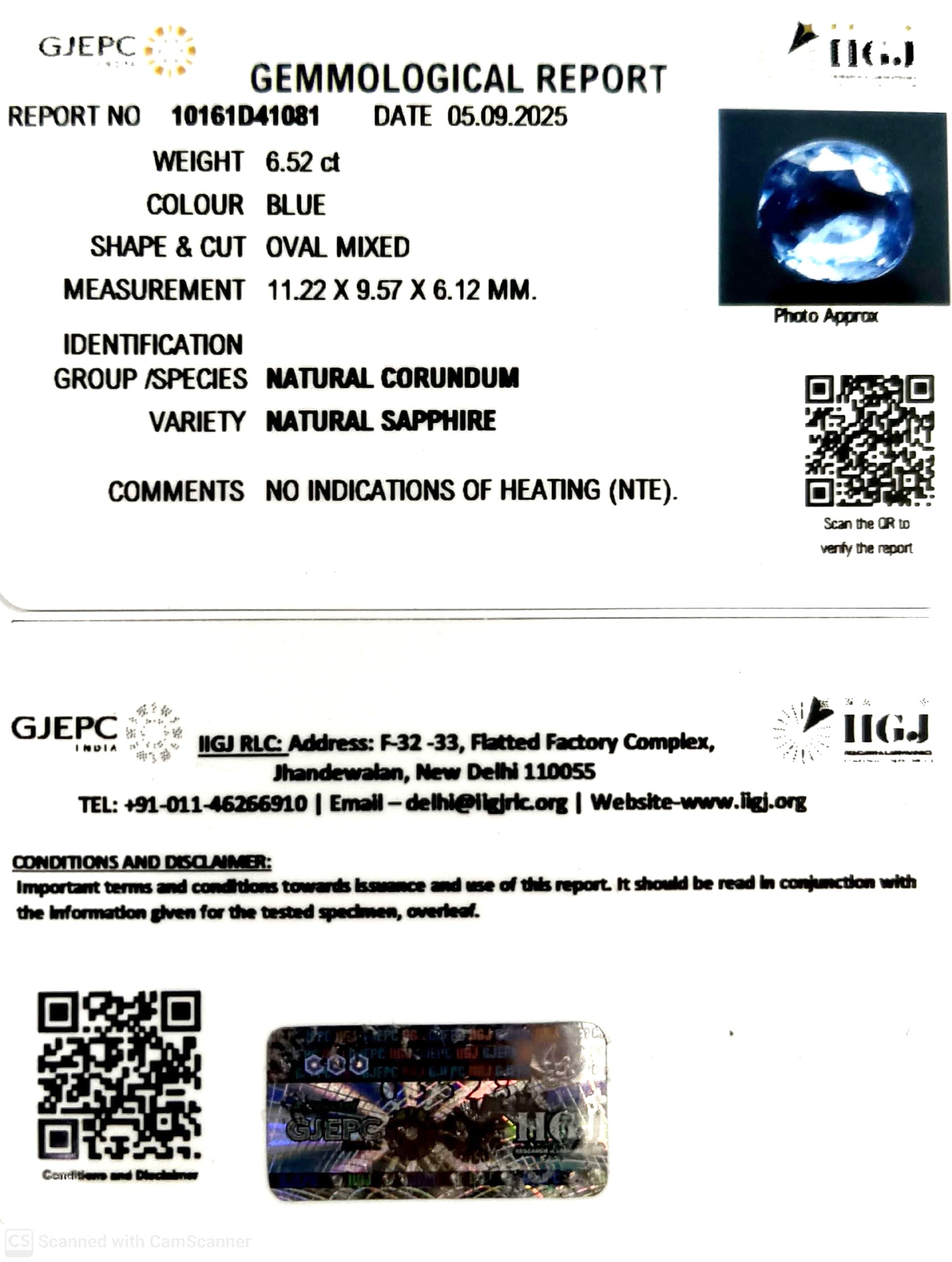 6.52/CT Natural Blue Sapphire with Govt Lab Certificate (110000)