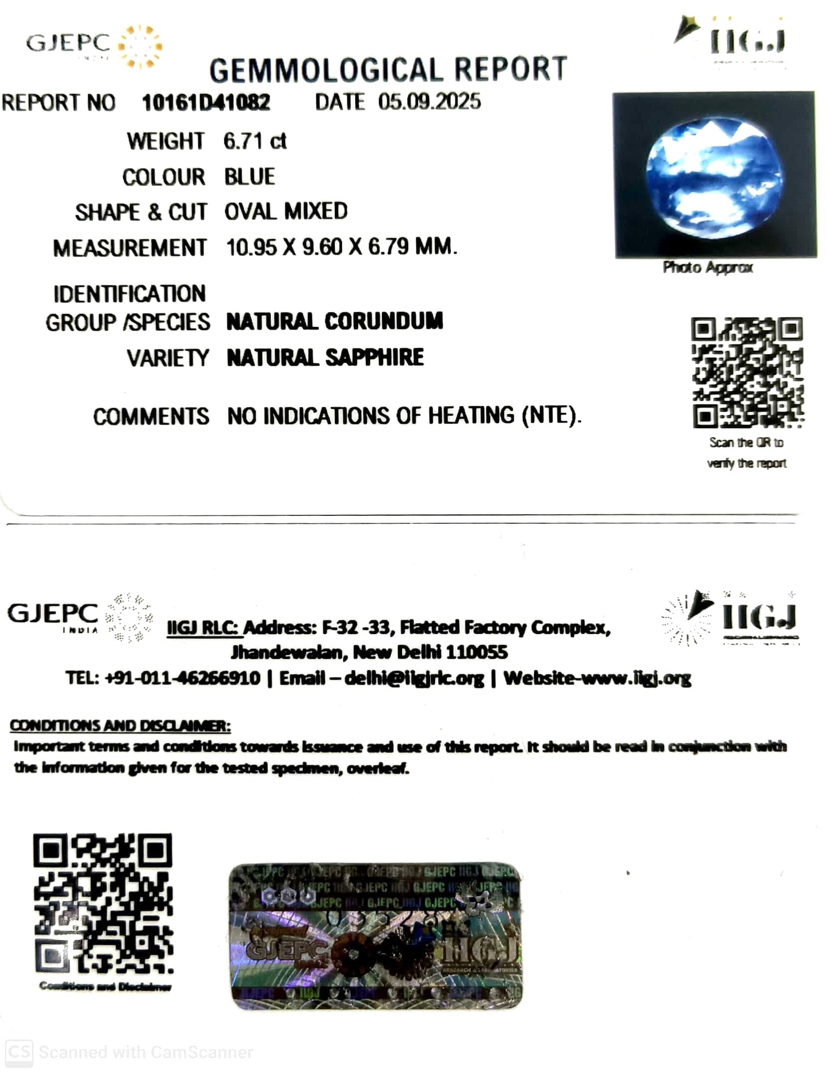 6.71/CT Natural Blue Sapphire with Govt Lab Certificate (110000)