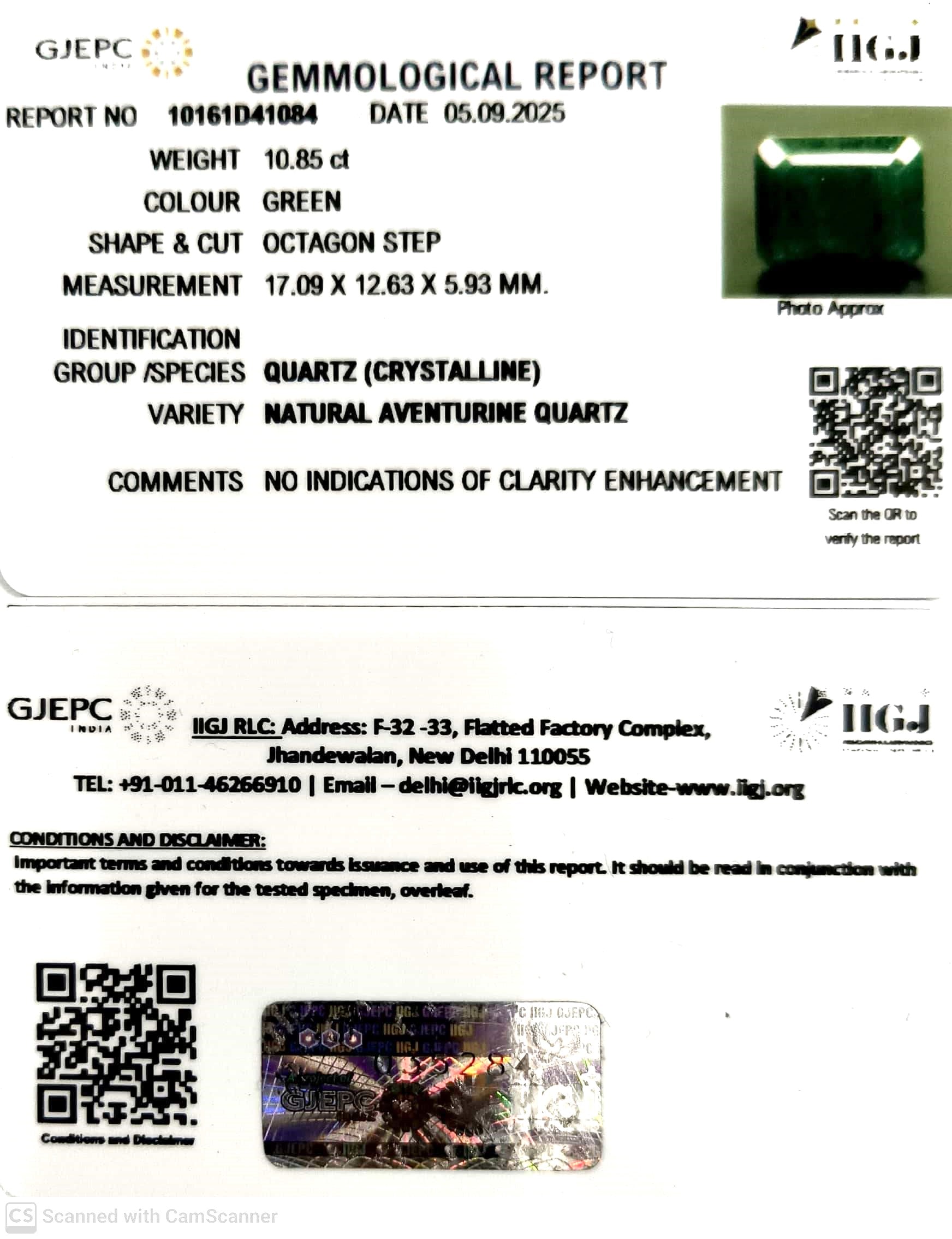 10.85/CT NATURAL AVENTURINE QUARTZ With Govt Lab Certificate (450)