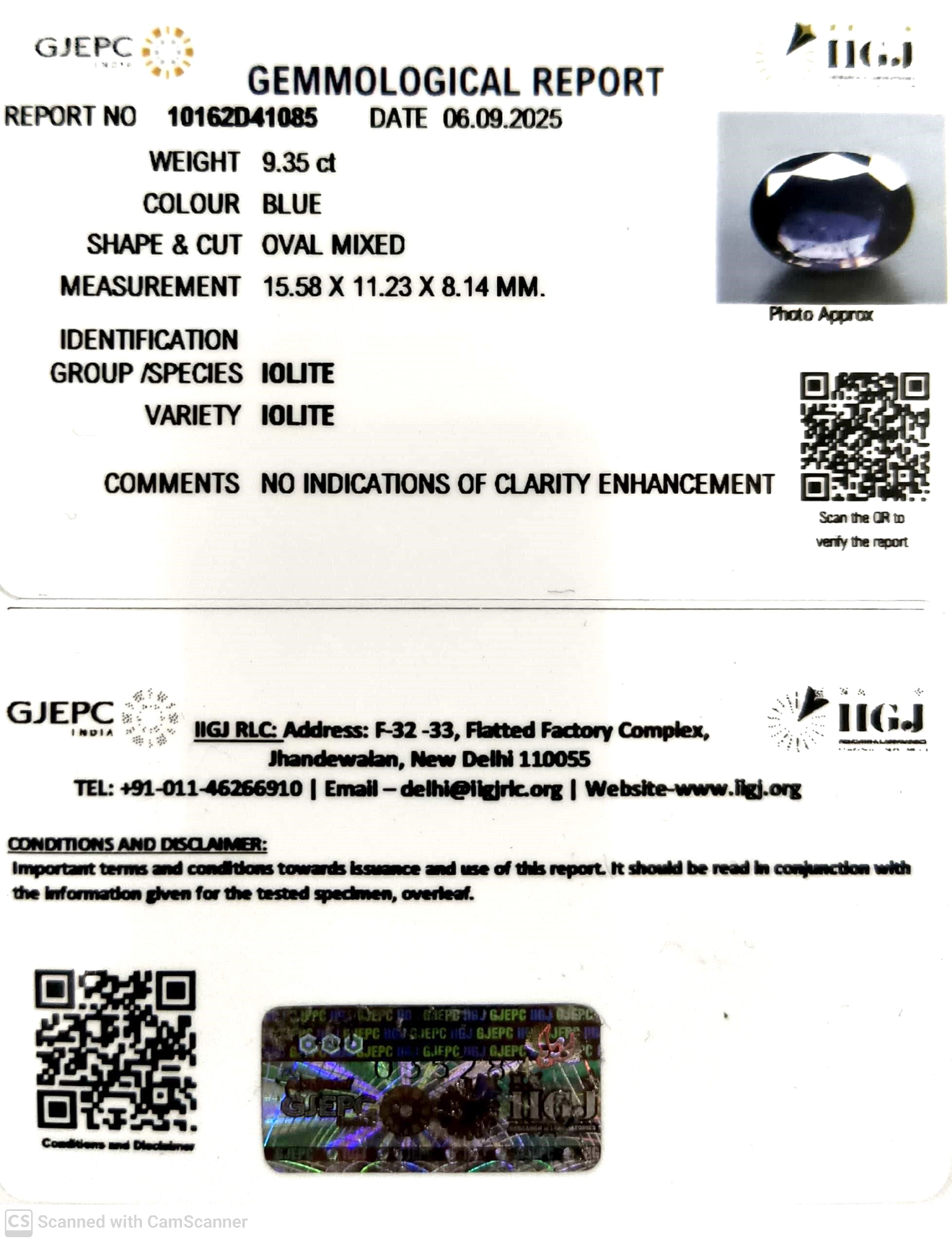 9.35/CT Natural Iolite With Govt. Lab Certificate (2331)
