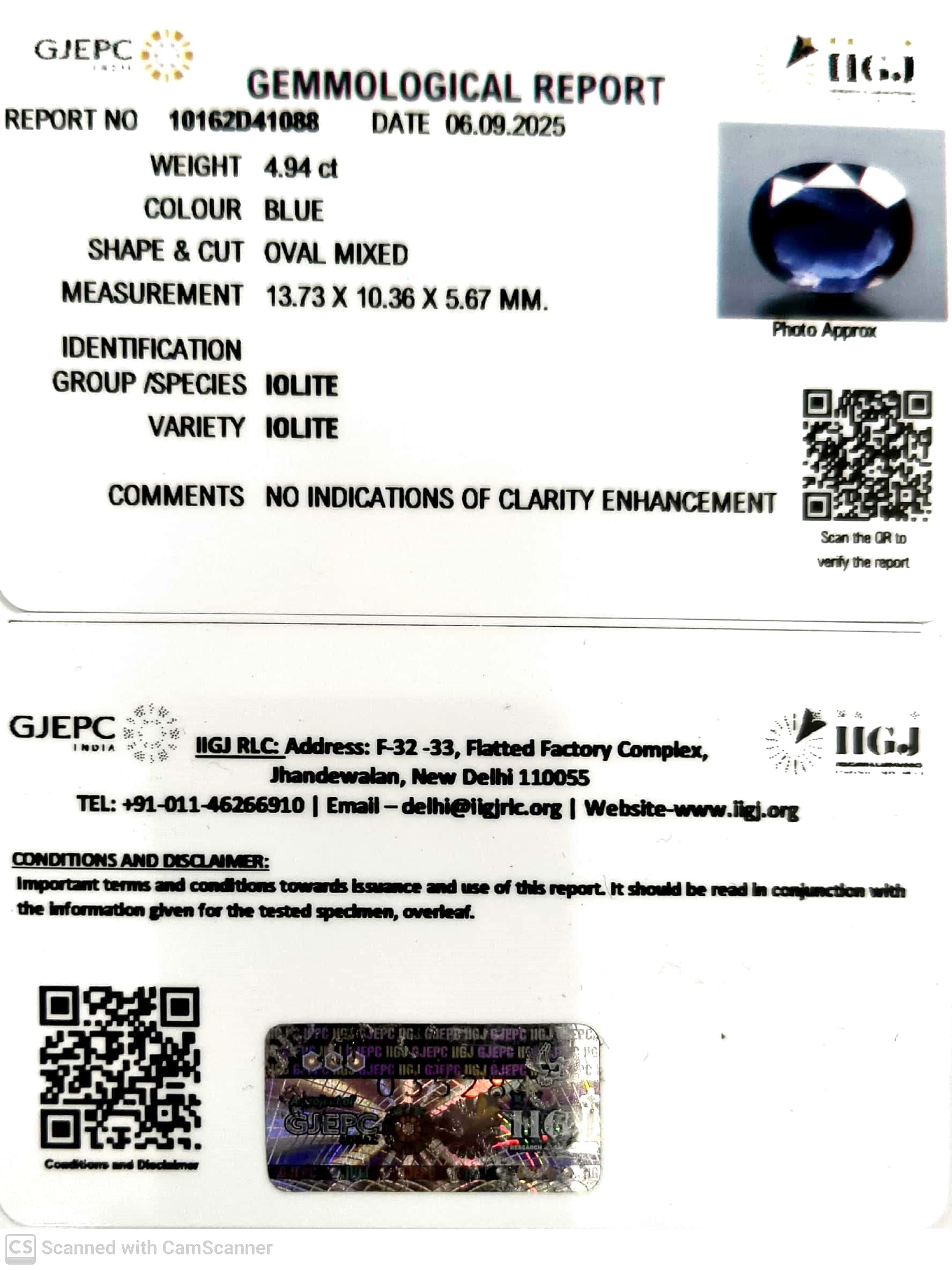 4.94/CT Natural Iolite With Govt. Lab Certificate-10162D41088