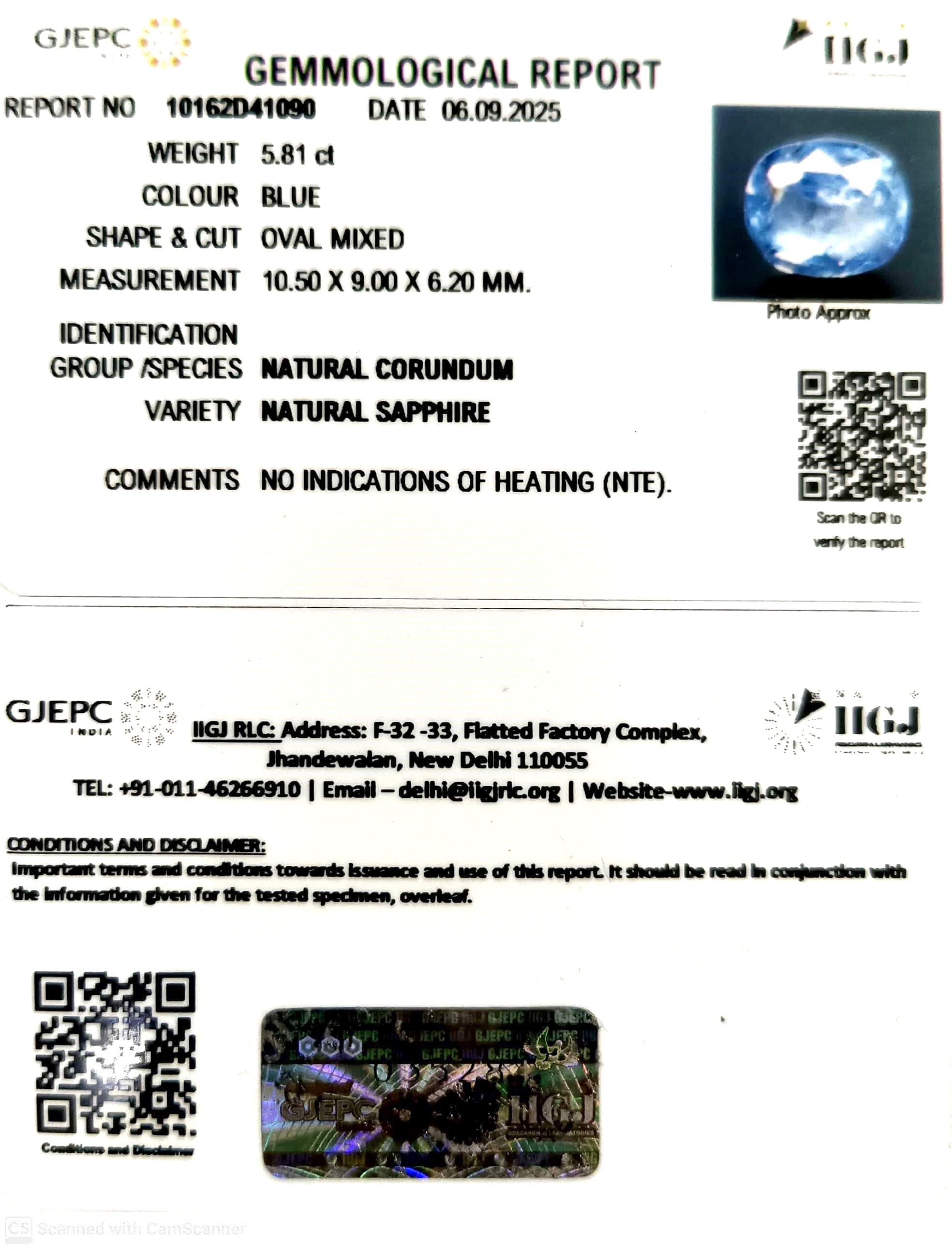 5.81/CT Natural Blue Sapphire with Govt Lab Certificate (10162D41090)