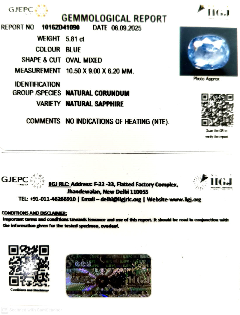 5.81/CT Natural Blue Sapphire with Govt Lab Certificate (34410)