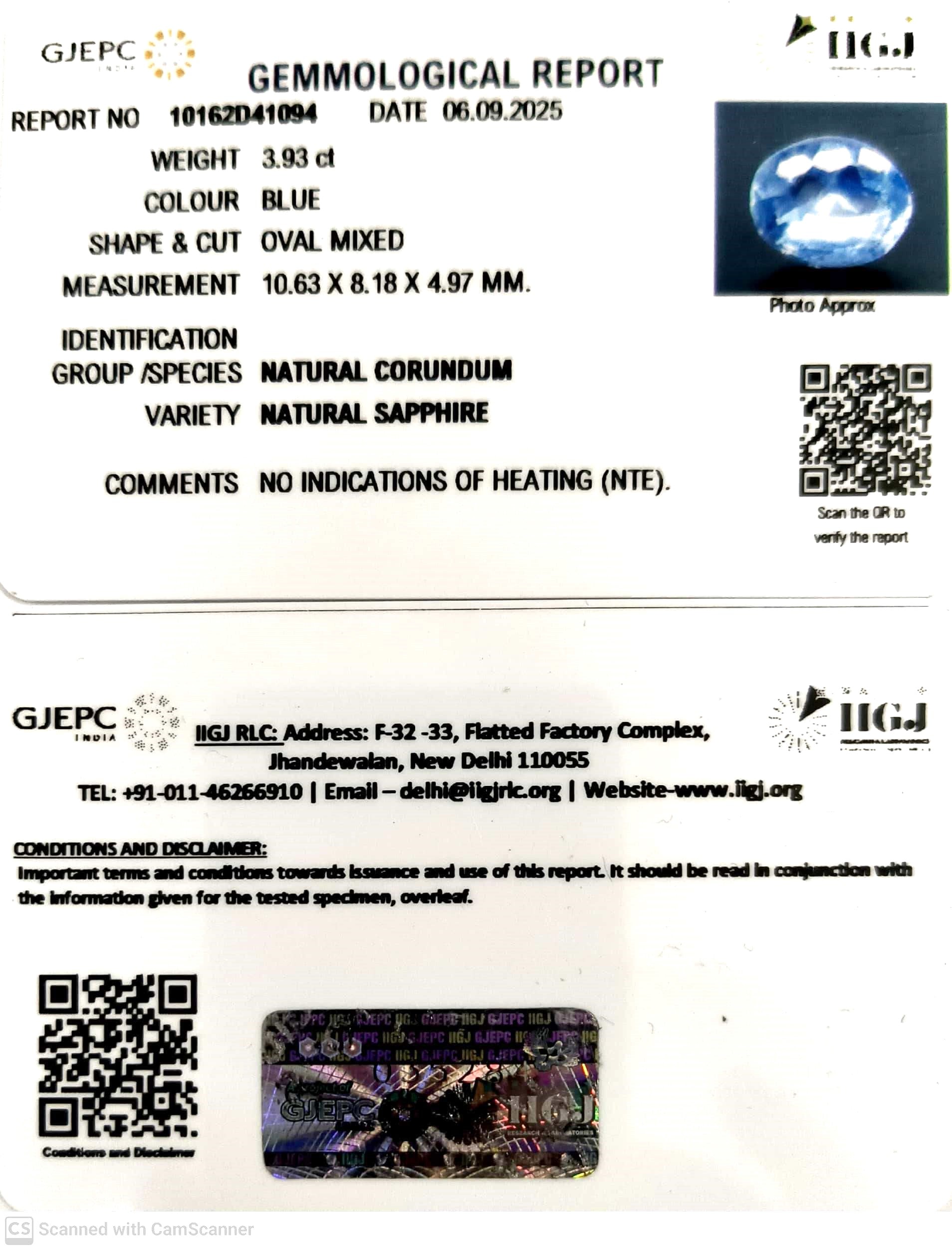 3.93/CT Natural Blue Sapphire with Govt Lab Certificate (45510)