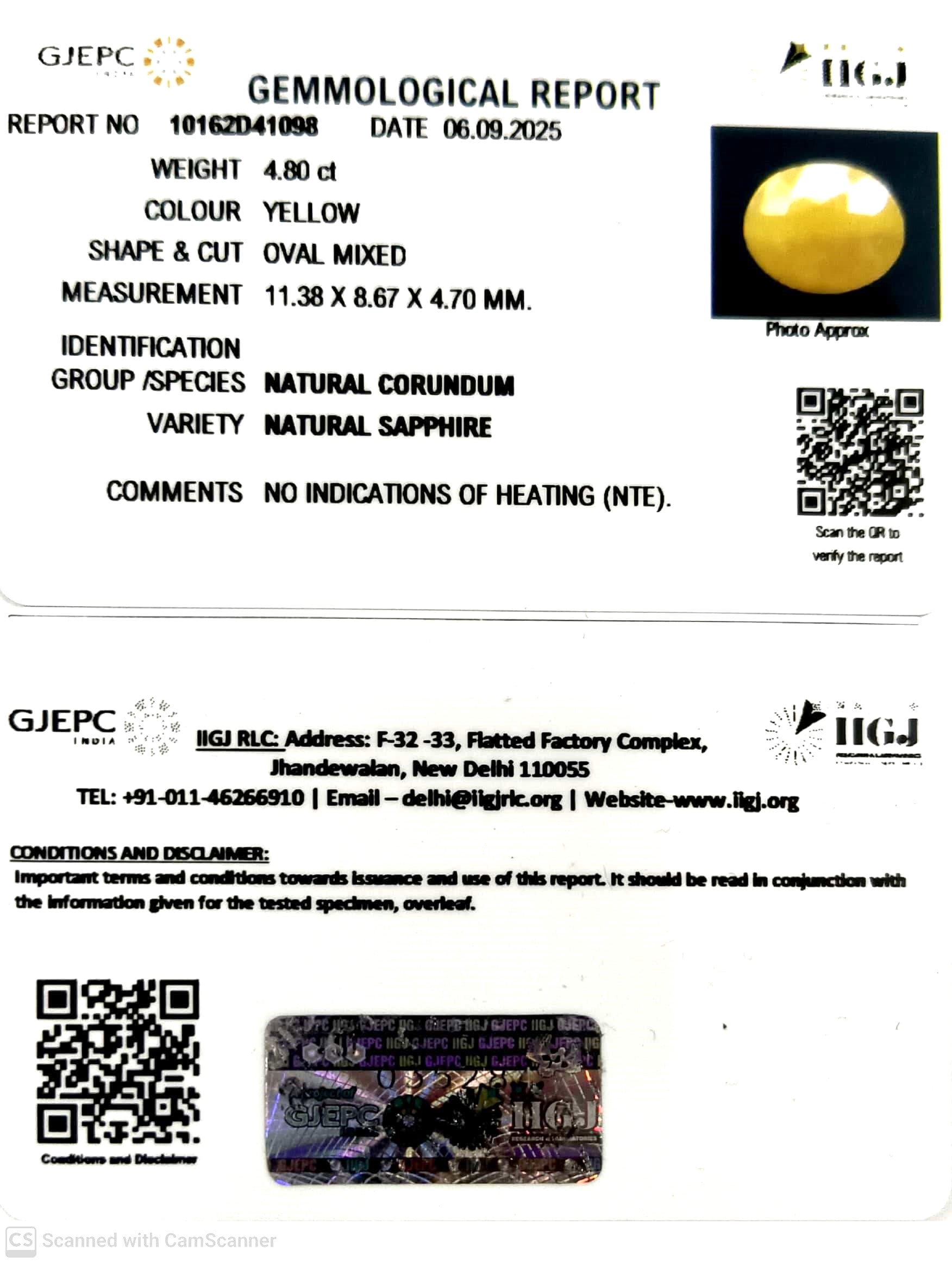 4.80/CT Natural Yellow Sapphire With Govt Lab Certificate (1221)