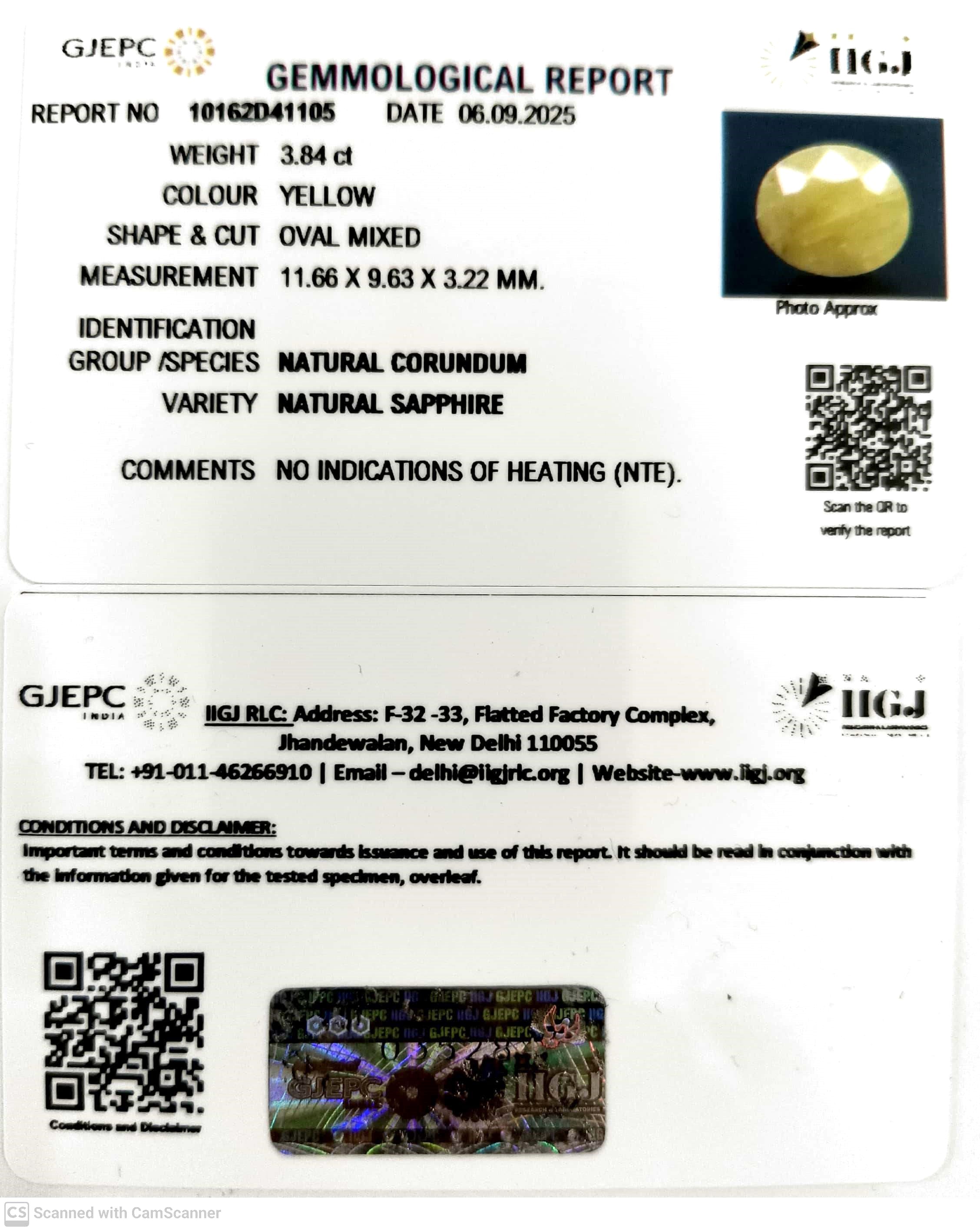 3.84/CT Natural Yellow Sapphire With Govt Lab Certificate (2331)