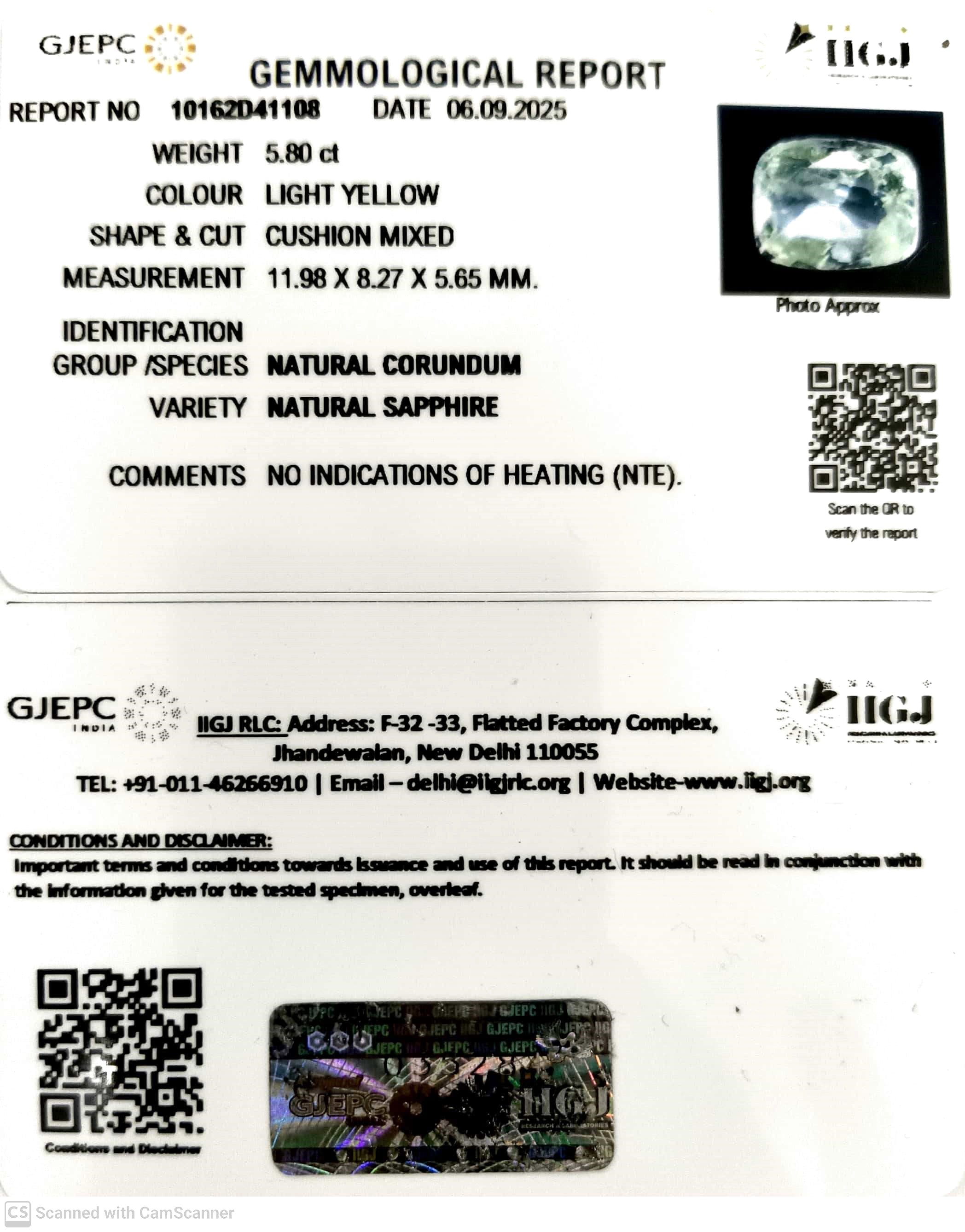 5.80/CT Natural Yellow Sapphire With Govt Lab Certificate (45510)