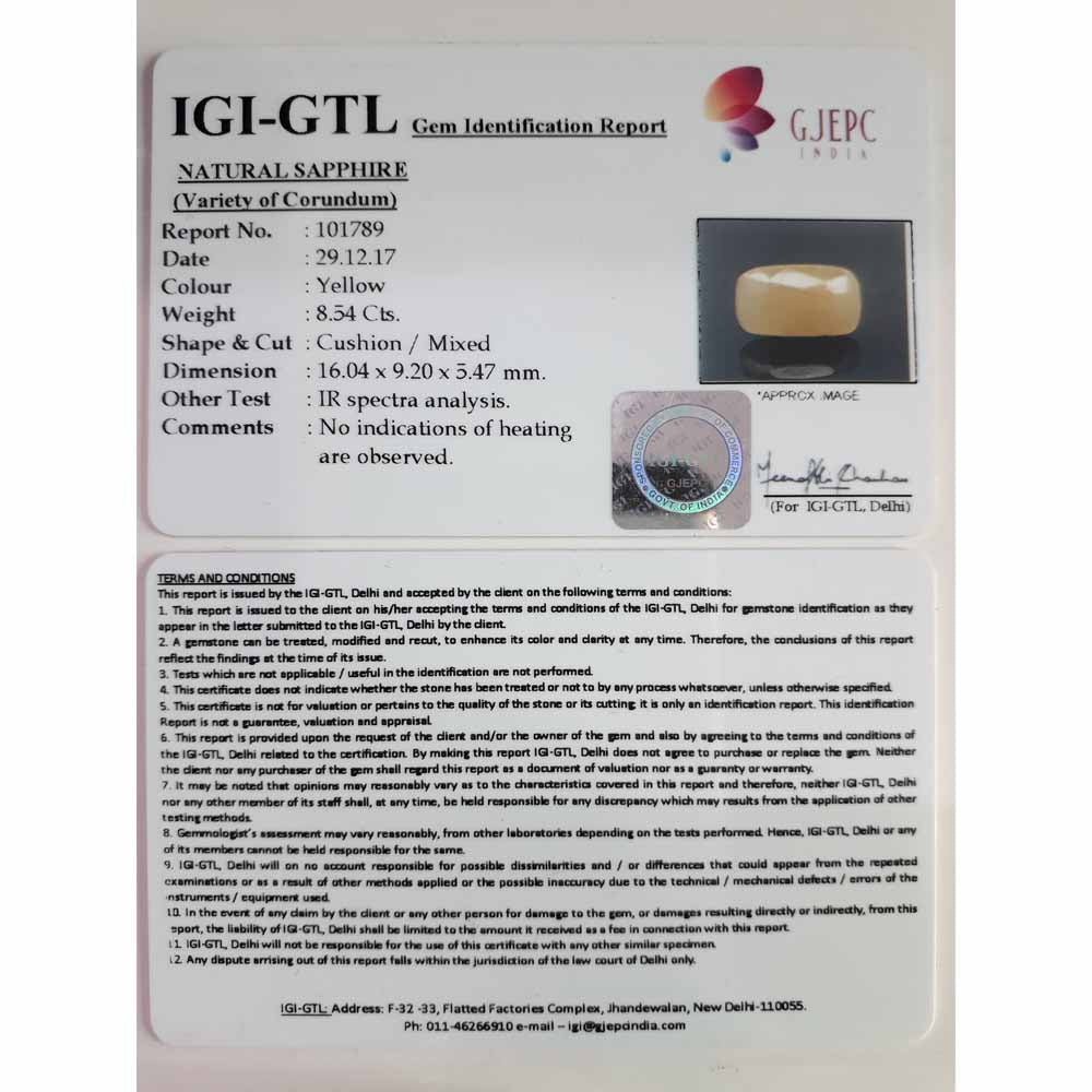 9.49 Ratti Natural yellow sapphire with Govt Lab Certificate-(101789)