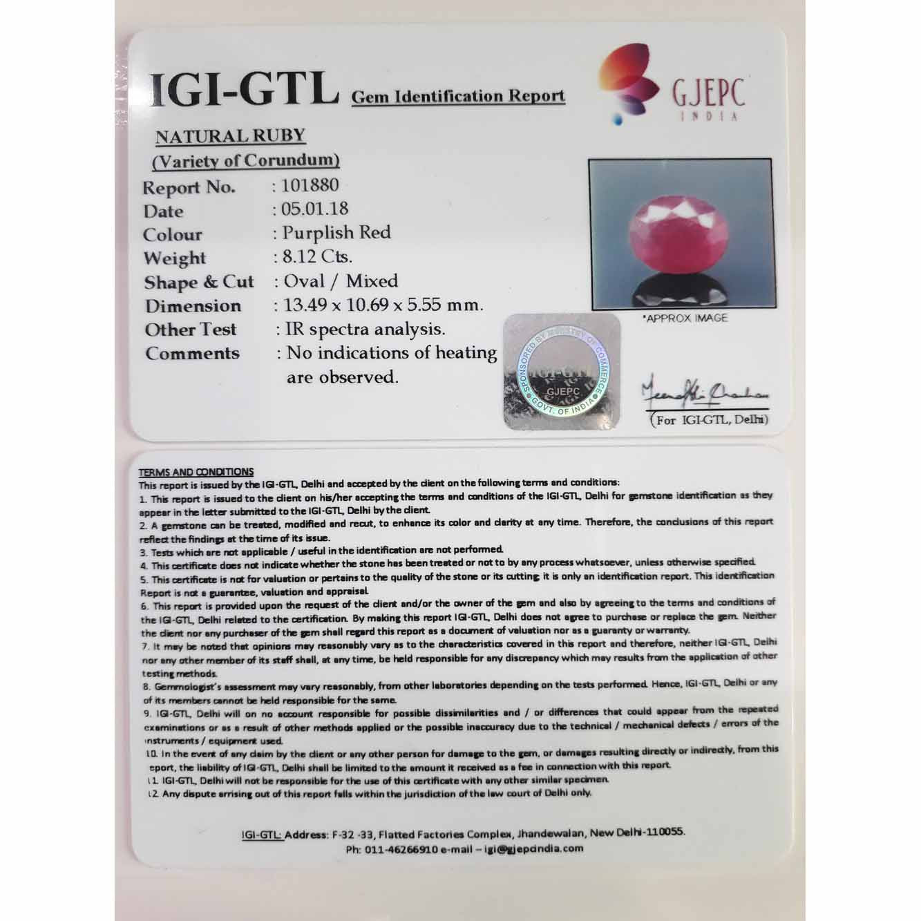 9.02 Ratti Natural New Burma Ruby with Govt Lab Certificate-(101880)