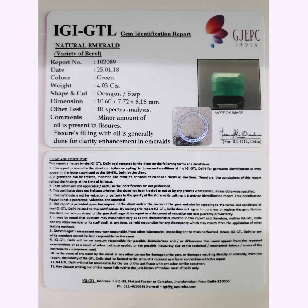 4.03/CT Natural Panna Stone with Govt. Lab Certificate-102089