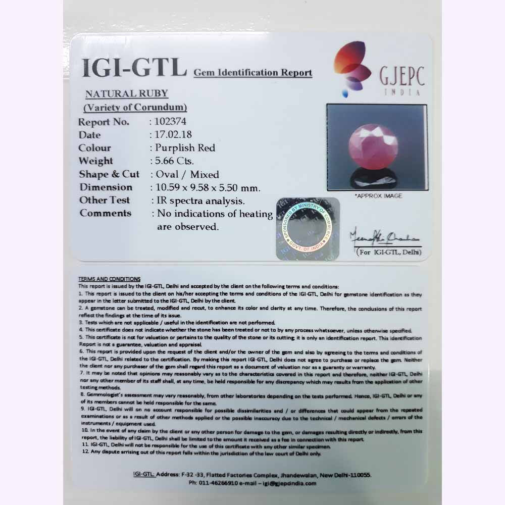 6.29 Ratti Natural New Burma Ruby with Govt Lab Certificate-(102374)