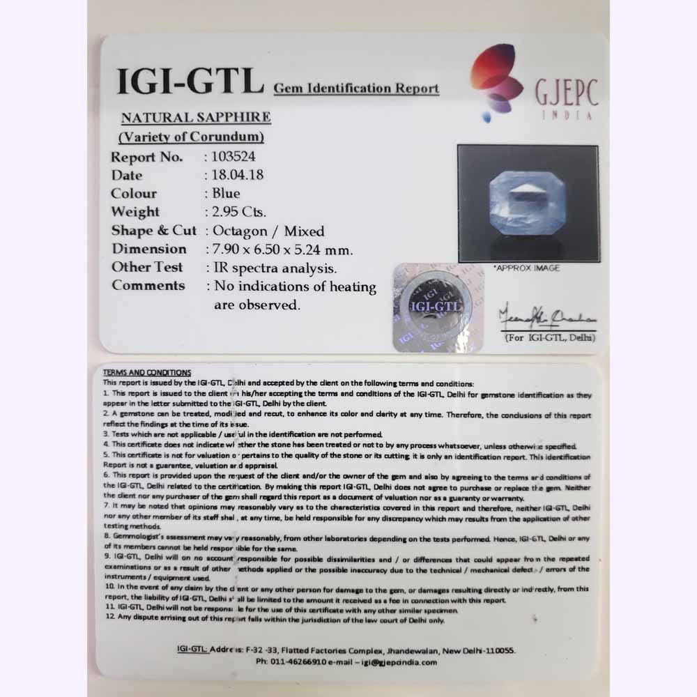 2.95/CT Natural Blue Sapphire with Govt Lab Certificate-23310
