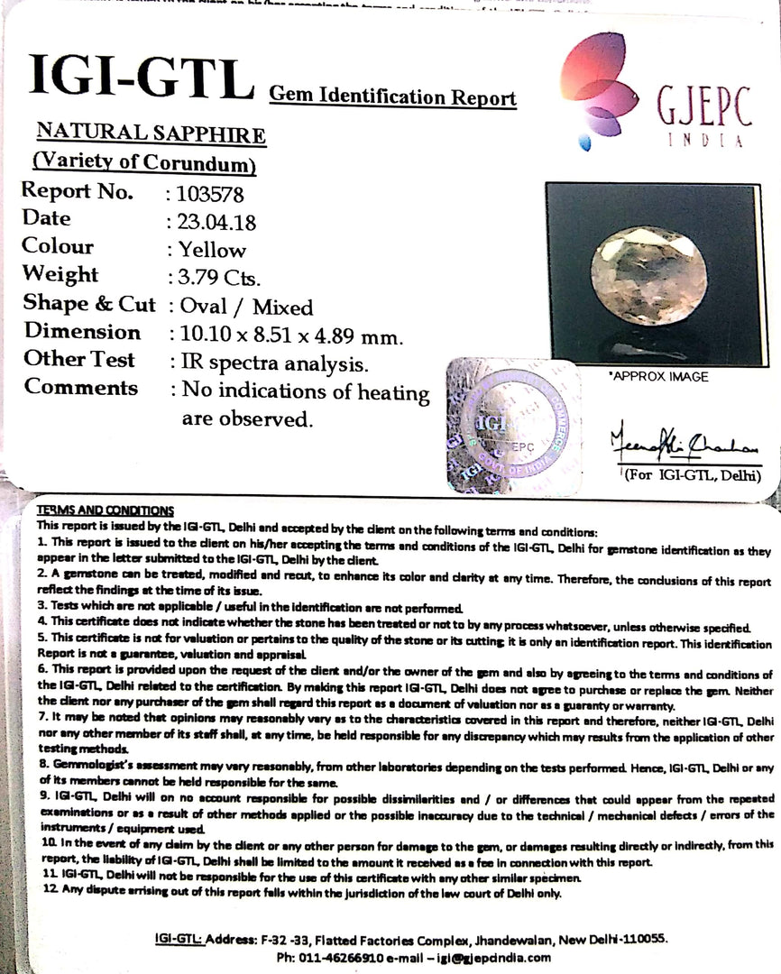 3.79/CT Natural Yellow Sapphire With Govt Lab Certificate-16650