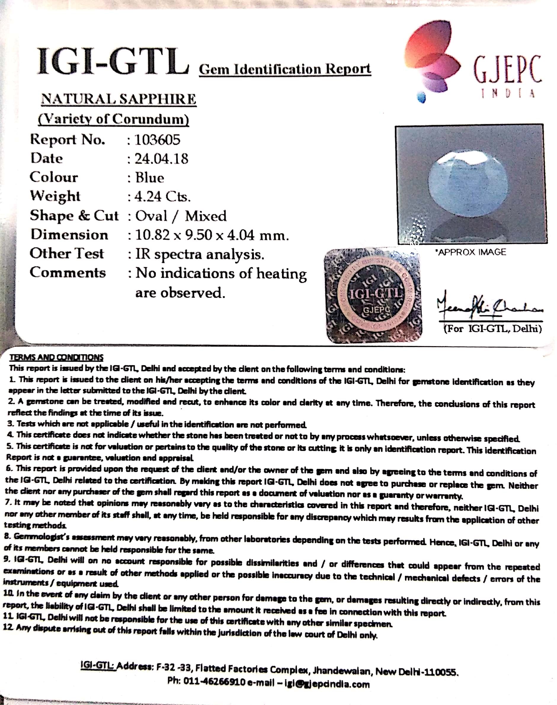 4.71 Ratti Natural Blue Sapphire With Govt Lab Certified-(4551)