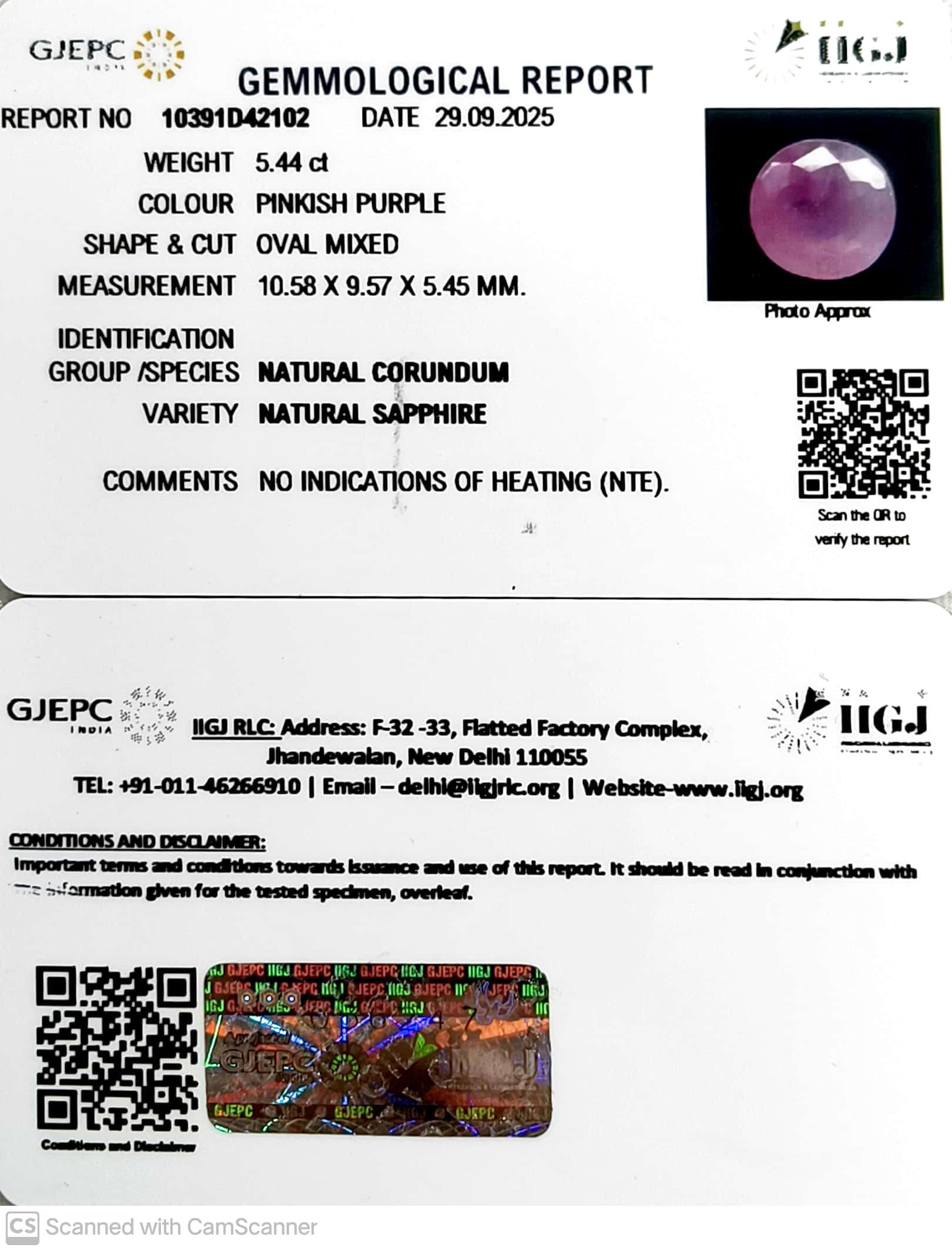 5.44/CT Natural Purple Sapphire with Govt Lab Certificate (6771)