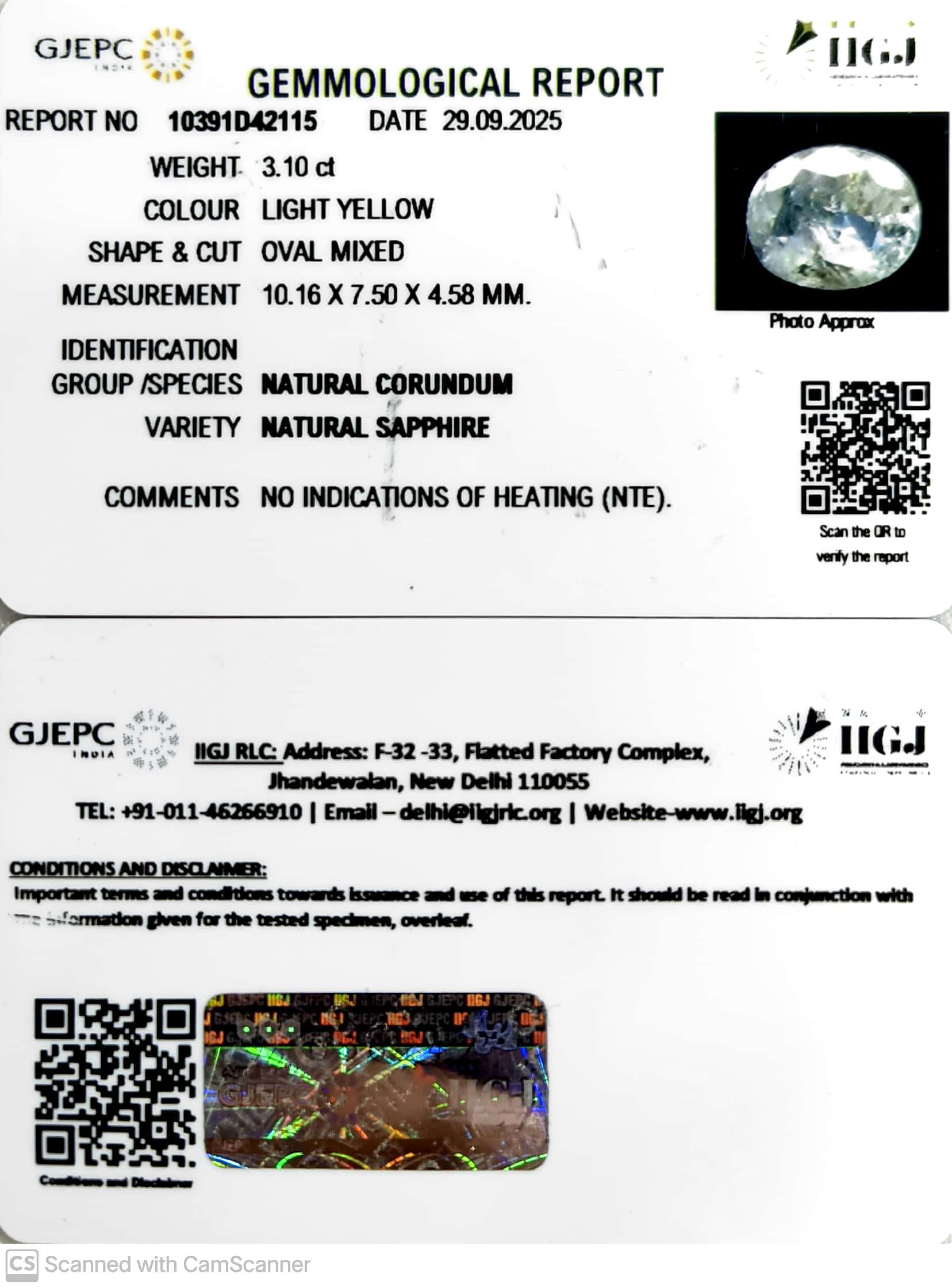 3.10/CT Natural Yellow Sapphire With Govt Lab Certificate (16650)