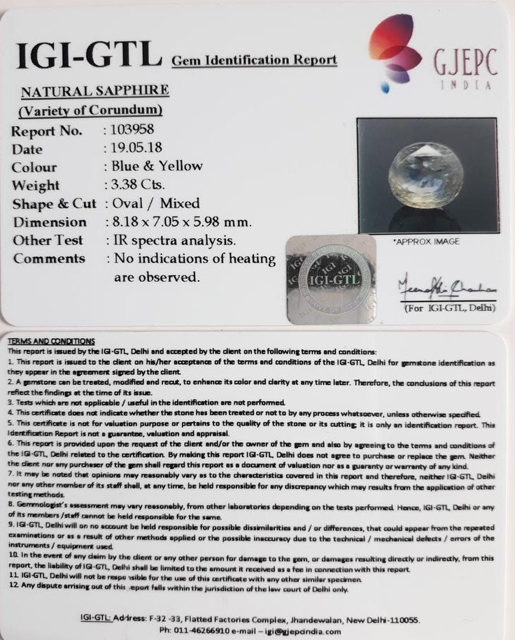 3.38/CT Natural Pitambari Sapphire with Govt Lab Certified-103958