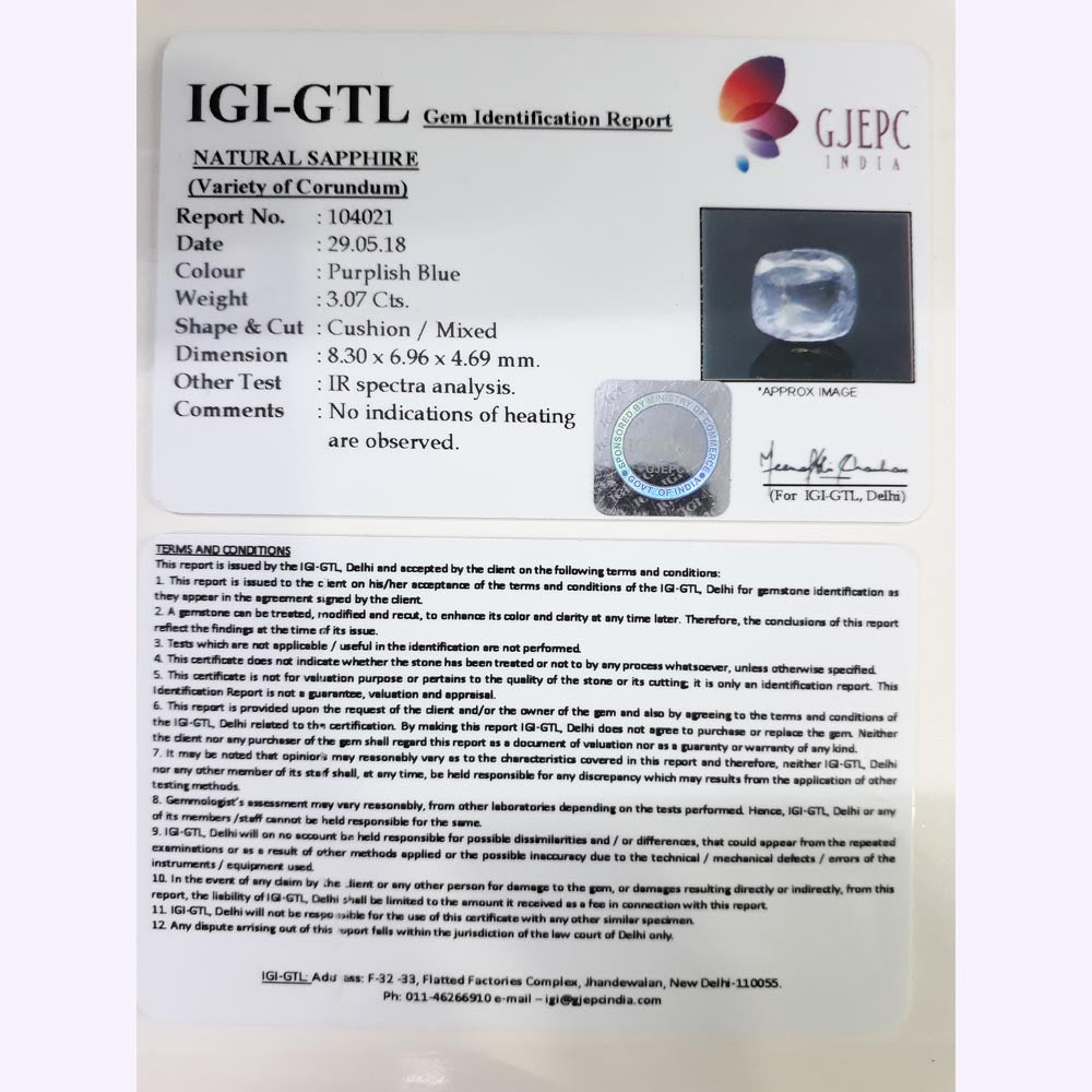 3.07/CT Natural Blue Sapphire with Govt Lab Certified-(BLUSA9T)