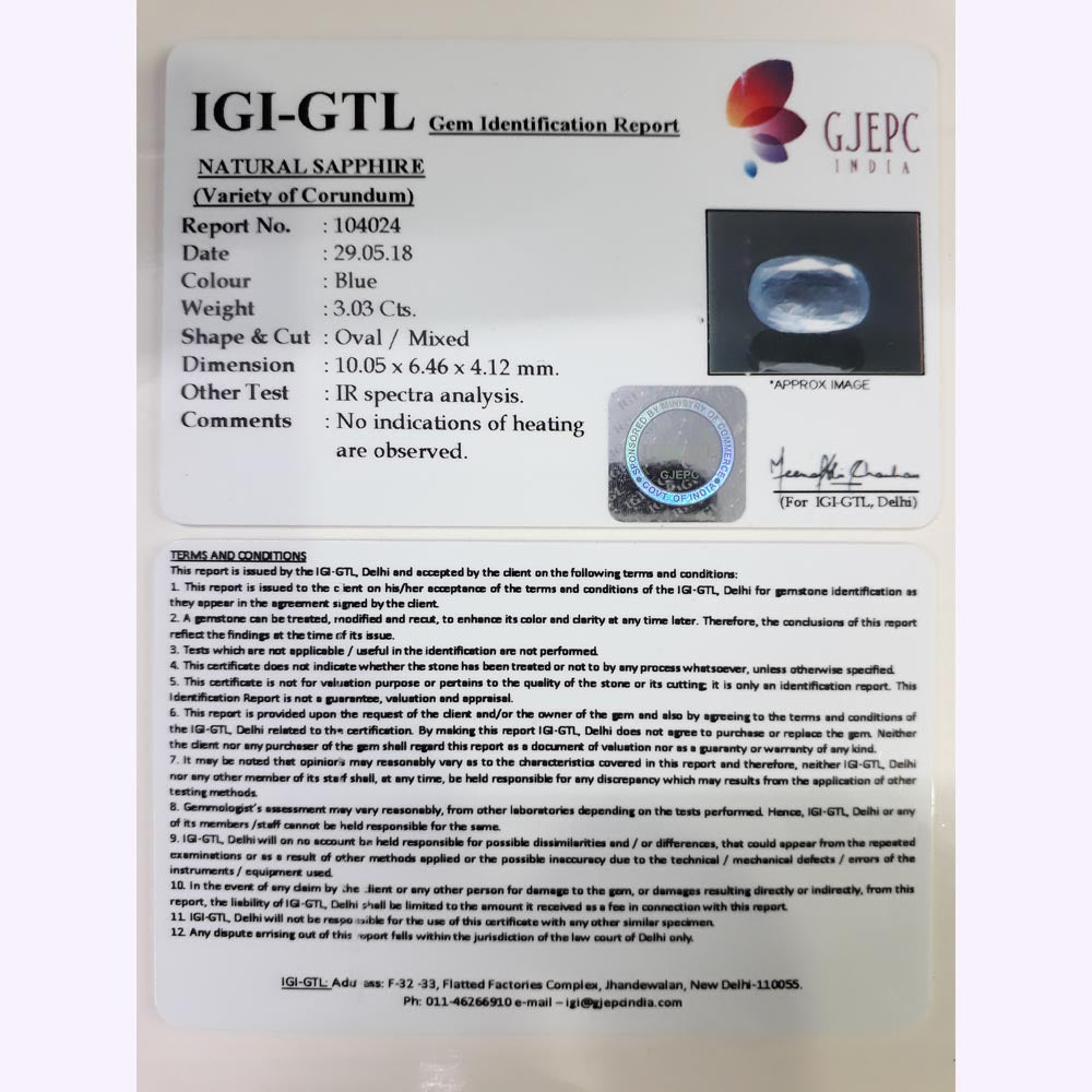3.03/CT Natural Blue Sapphire Oval Shape with Govt Lab Certificate-BLUSA9T