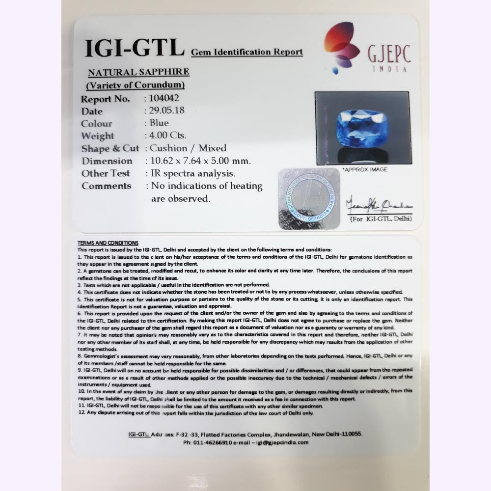 4.00/CT Natural Blue Sapphire with Govt Lab Certificate-BLUSA9A