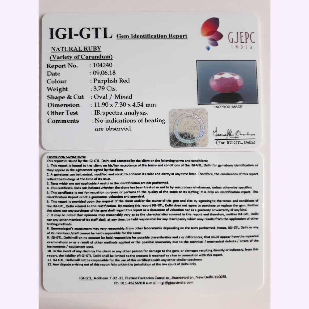 3.79 Carat Natural New Burma Ruby with Govt. Lab Certificate-4551