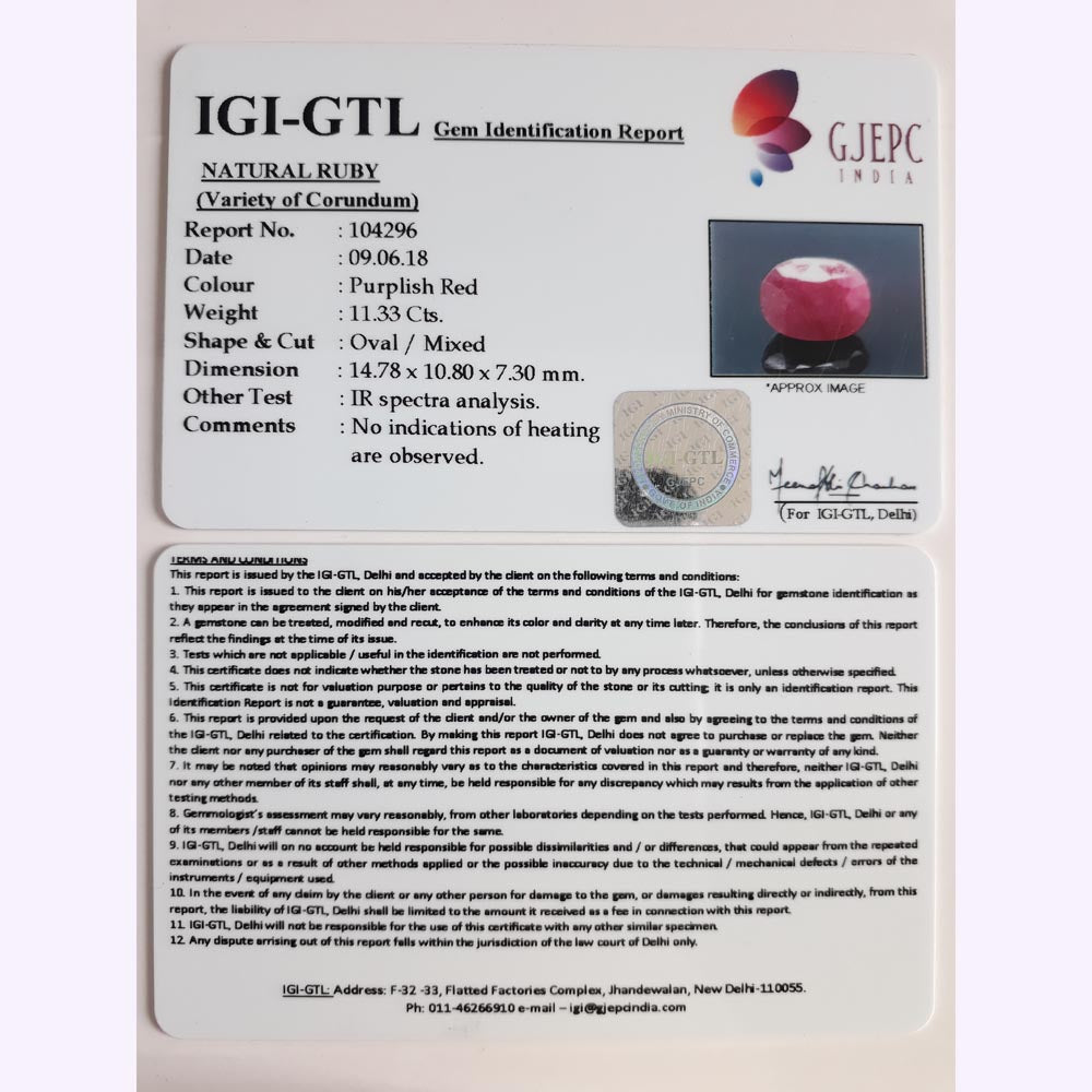 11.33 Carat Natural New Burma Ruby with Govt. Lab Certificate