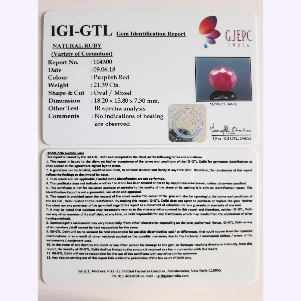 21.39 Carat Natural New Burma Ruby with Govt. Lab Certificate