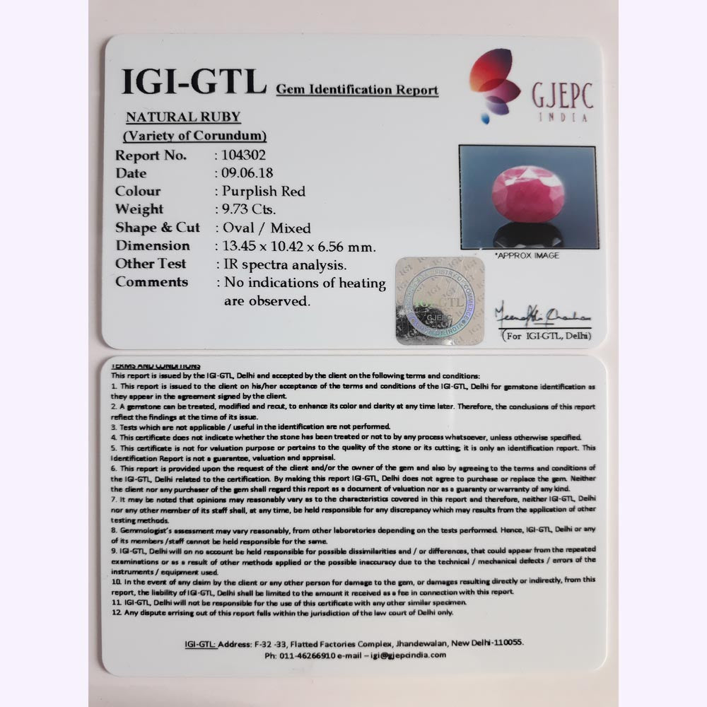 9.73 Carat Natural New Burma Ruby with Govt. Lab Certificate