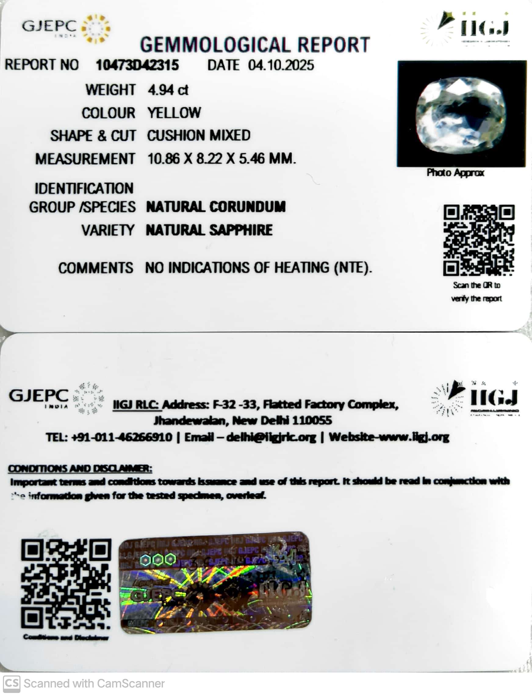 4.94/CT Natural Yellow Sapphire With Govt Lab Certificate (34410)