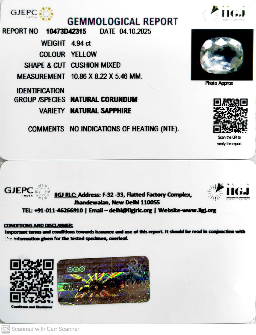 4.94/CT Natural Yellow Sapphire With Govt Lab Certificate (34410)