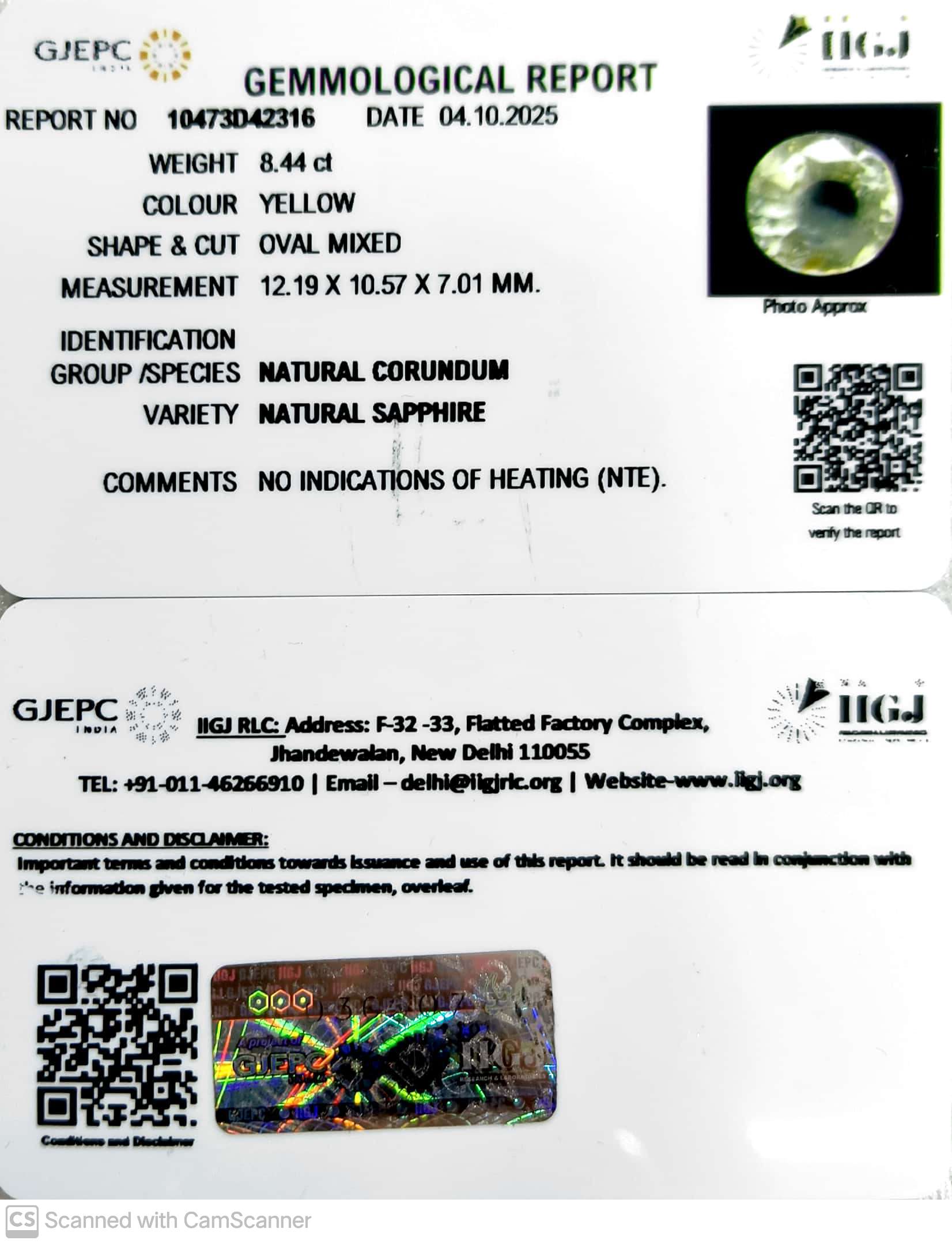 8.44/CT Natural Yellow Sapphire With Govt Lab Certificate (16650)