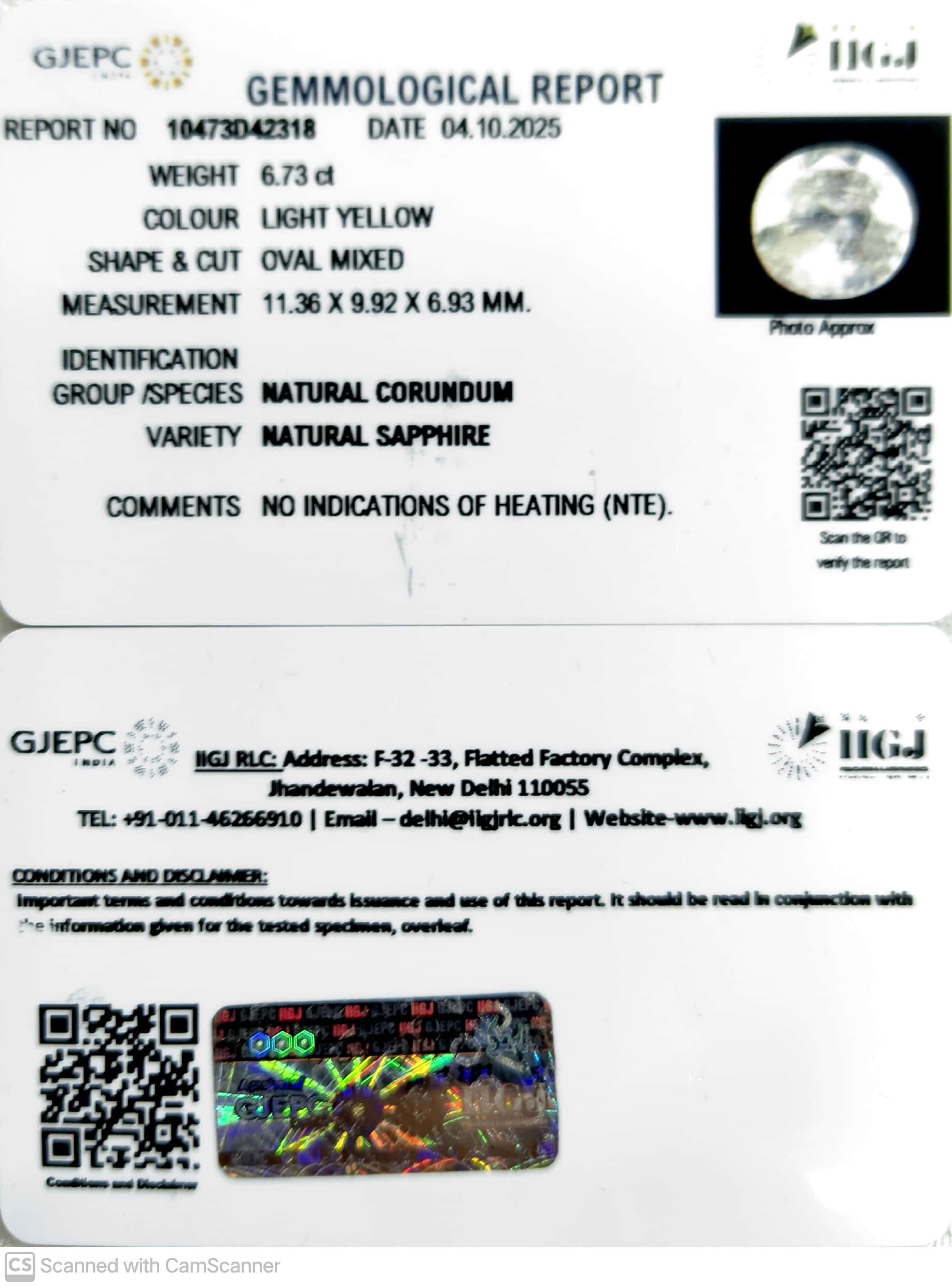 6.73/CT Natural Yellow Sapphire With Govt Lab Certificate (34410)