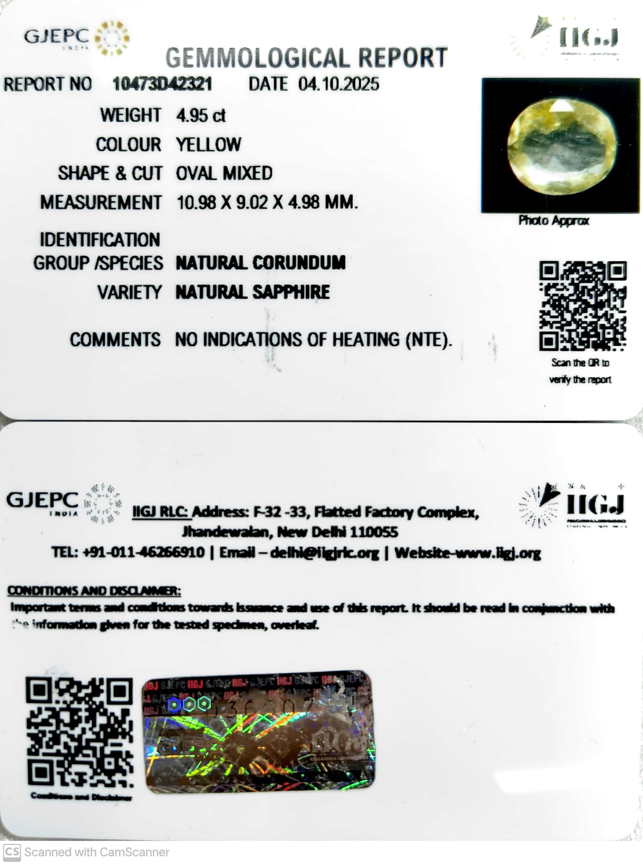 4.95/CT Natural Yellow Sapphire With Govt Lab Certificate (10473D42321)