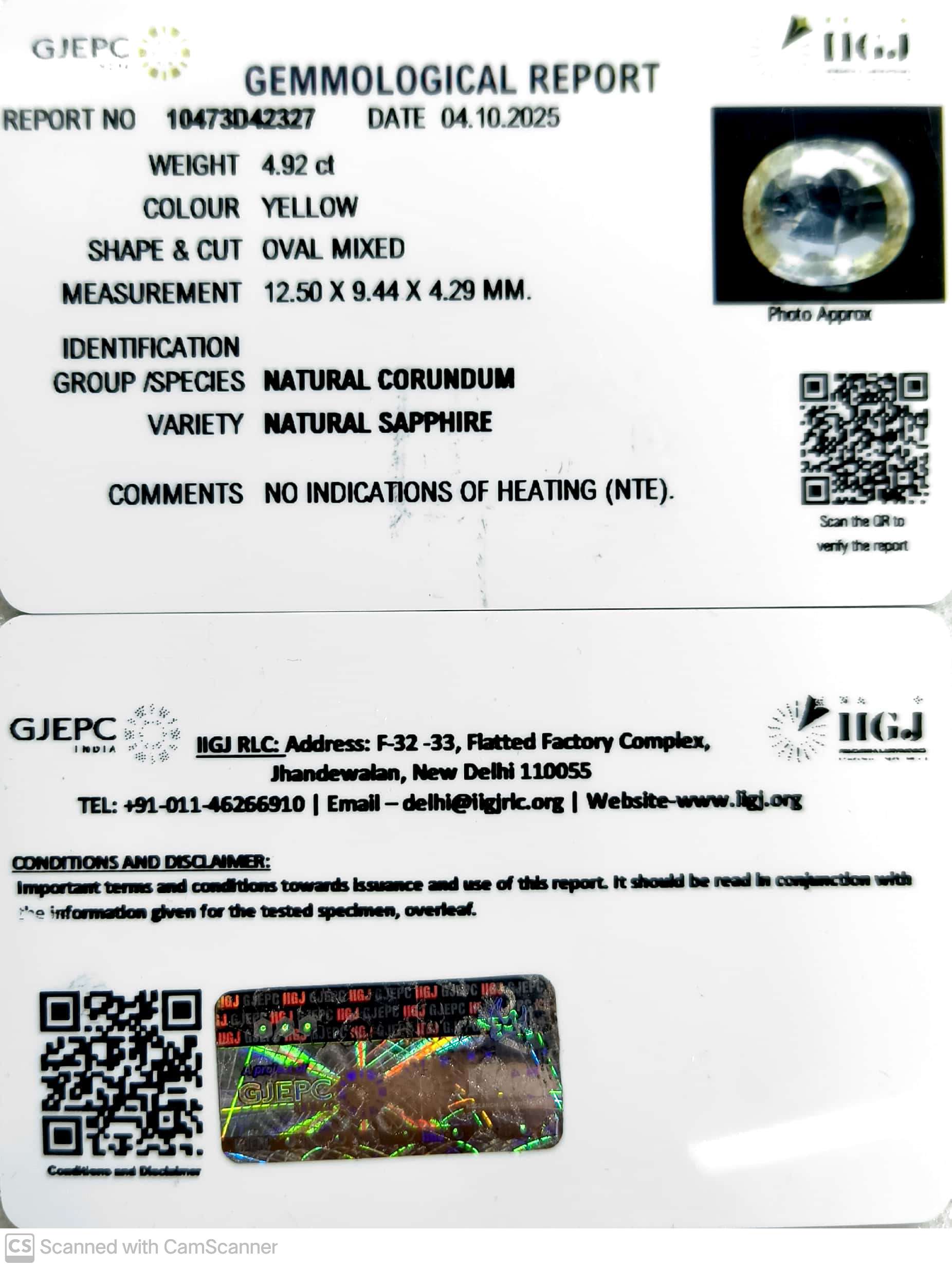 4.92/CT Natural Yellow Sapphire With Govt Lab Certificate (34410)