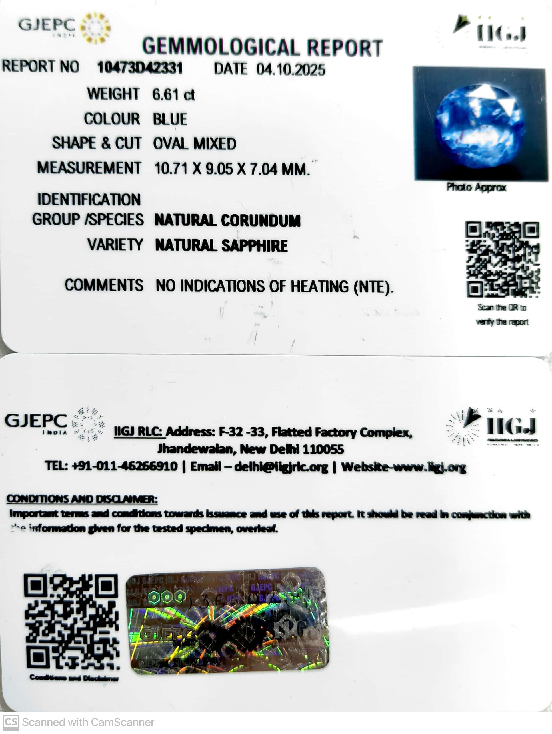 6.61/CT Natural Blue Sapphire with Govt Lab Certificate (12210)