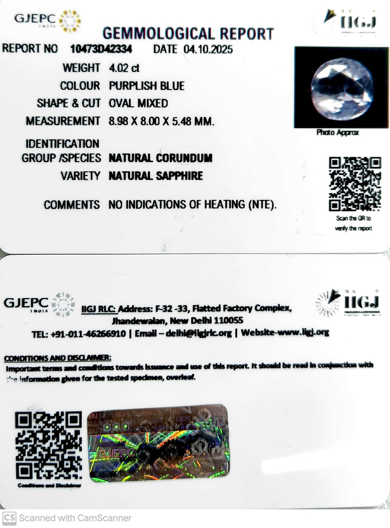 4.02/CT Natural Purple Sapphire with Govt Lab Certificate (34410)